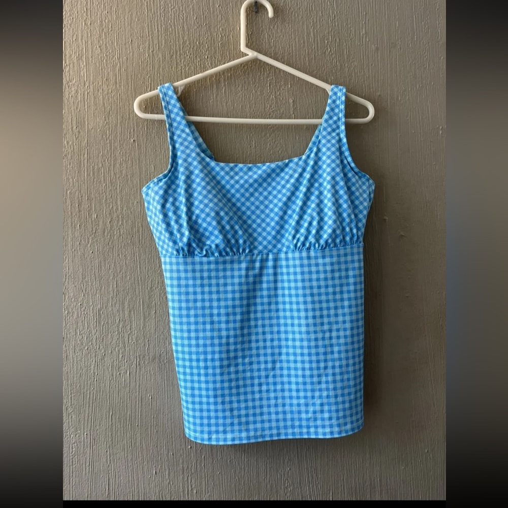 Lands’ End Gingham Square Neck Swim Tankini Top Blue Size 14 DDD 522600 14DDD